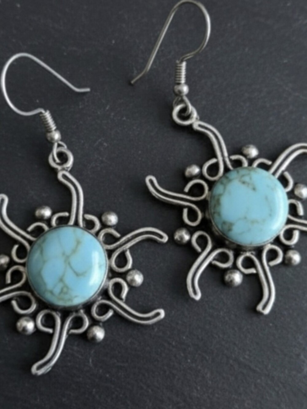 Vintage Genuine Turquoise Handcrafted Silver Made In Mexico Earrings